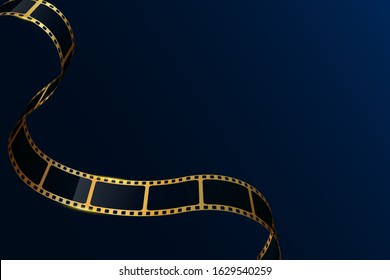 Realistic 3D gold cinema film strip isolated on blue background. Festive design cinema film frame with place for text. Vector template movie for advertisement, poster, brochure, banner, flyer. EPS 10