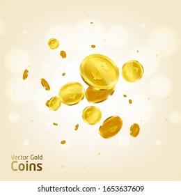 Realistische 3D-Goldmünzen fallen Vektorillustration. Goldmünzen einzeln auf hellem Hintergrund. Jackpot oder Erfolgskonzept.