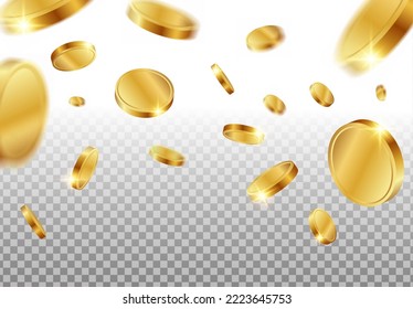 Realistic 3d gold coins falling on the background concept of falling like rain