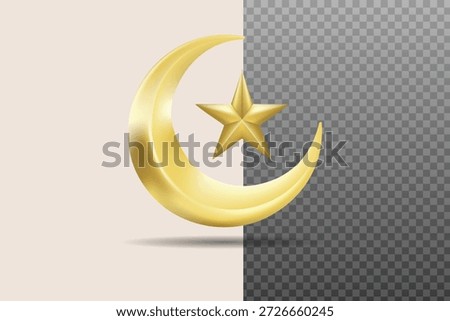 Realistic 3D gold crescent moon and star symbol for Islamic, Ramadan, and Eid celebration designs.