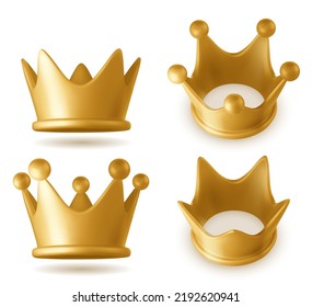 Realistic 3d gold crown icon  closeup isolated on white background. Vector illustration.