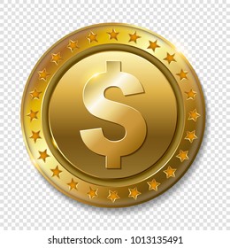 Moneda real de tres dimensiones en oro aislada en un contexto transparente. 
Símbolo de dinero en efectivo aislado en fondo blanco. 
Inversión financiera. 
 Estilo moderno y plano. Ilustración del vector
