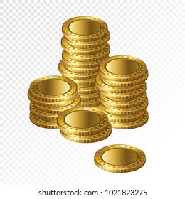 Realistic 3d gold empty coin stacks isolated on transparent background. 
Casino cash prize money symbol. 
Finance investment. 
Modern flat style. Vector illustration