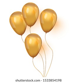 Realistic 3D Gold helium balloons on white background. Set of shiny golden balloons for your design. Glossy gold festive 3d helium ballons.