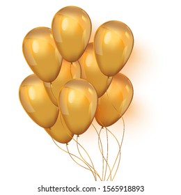 Realistic 3D Gold helium balloons on white background. Set of shiny golden balloons for your design. Glossy gold festive 3d helium ballons.