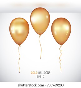 Realistic 3D Gold helium balloons on white background. Set of shiny balloons for your design.