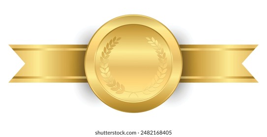 Medalla de oro 3d realista en cinta Horizontal con corona de laurel, Ilustración vectorial de trofeos de sello, medallón de círculo dorado con marco para el ganador oficial, insignia de premio de honor para la mejor calidad y la victoria