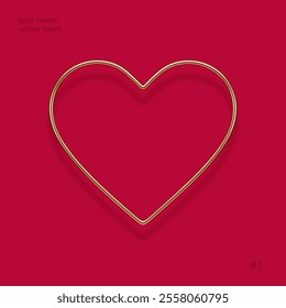 Realistic 3d gold metal heart with reflection from red background. Decoration elements for Valentines day or wedding design. Love sign and symbol. Vector illustration. Very thin outline heart shape.