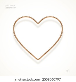 Realistic 3d gold metal heart with reflection from white background. Decoration elements for Valentines day or wedding design. Love sign and symbol. Vector illustration. Very thin outline heart shape.