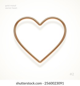 Realistic 3d gold metal heart with reflection from white background. Decoration elements for Valentines day or wedding design. Love sign and symbol. Vector illustration. Thin outline heart shape.