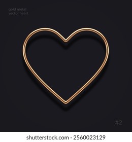 Realistic 3d gold metal heart with reflection from dark background. Decoration elements for Valentines day or wedding design. Love sign and symbol. Vector illustration. Thin outline heart shape.