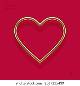 Realistic 3d gold metal heart with reflection from red background. Decoration elements for Valentines day or wedding design. Love sign and symbol. Vector illustration. Medium thickness outline heart