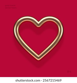 Realistic 3d gold metal heart with reflection from red background. Decoration elements for Valentines day or wedding design. Love sign and symbol. Vector illustration. Bold outline heart shape.