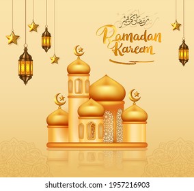 Realistic 3d gold mosque mean happy Ramadan Kareem design background