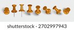 Realistic 3D gold push pin. Plastic thumbtack set shown from multiple angles with soft shadow effect. Perfect element for office notes, school reminders, pin boards, maps, and announcement graphics.