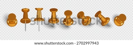 Realistic 3D gold push pin. Plastic thumbtack set shown from multiple angles with soft shadow effect. Perfect element for office notes, school reminders, pin boards, maps, and announcement graphics.