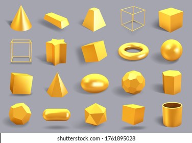 Realistic 3D gold shapes. Golden metal geometric shape, shiny yellow gradient cube, sphere and prism figures vector illustration icons set. Yellow gold realistic, polygonal form 3d, square and prism