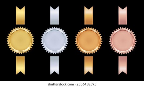 Realistic 3D Gold, Silver, Bronze, and Rose Gold Medal Set with Vertical Ribbons – Premium Award Seals for Winners, Labels, Certificates, and Badges. Vector.