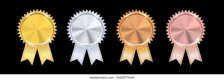 Realistic 3D Gold, Silver, Bronze, and Rose Gold Medal Set with Vertical Ribbons – Premium Award Seals for Winners, Labels, Certificates, and Badges. Vector.