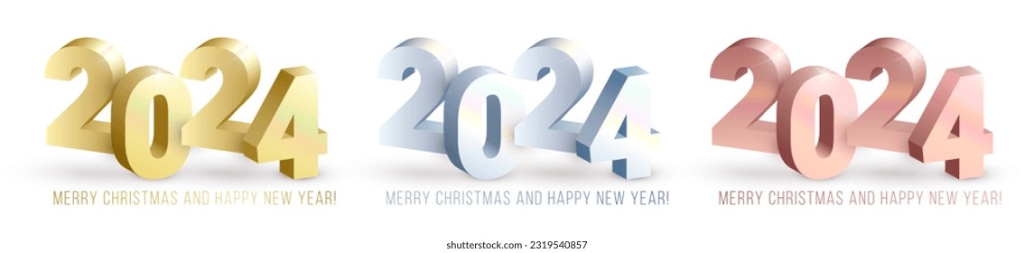 Realistic 3D gold, silver and rose gold numbers 2024 with shadows on white background. Vector golden greeting concepts set for web, print, ad, greeting card design element