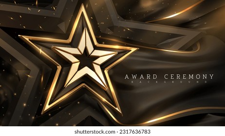 Realistic 3D gold star design on black canvas with golden light rays decoration moving around with bokeh. Elegant award ceremony background.