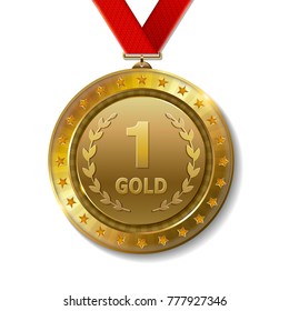 Realistic 3d gold trophy award medal for winner. 
Honor prize. 
Modern flat style isolated on background. Vector illustration