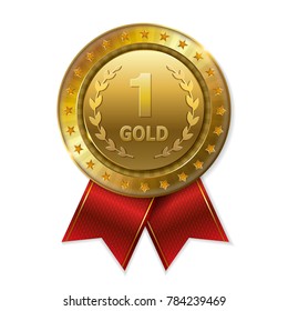 Realistic 3d gold trophy award medal for winner. 
Honor prize. 
Modern flat style isolated on background. Vector illustration