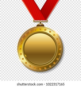 Realistic 3d gold trophy champion award medal for winner. 
Honor prize. 
Modern flat style isolated on transparent background. Vector illustration
