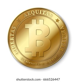 Realistic 3d golden bitcoin coin vector illustration for fintech net banking and blockchain concept. Golden bitcoin money, internet finance coin svg