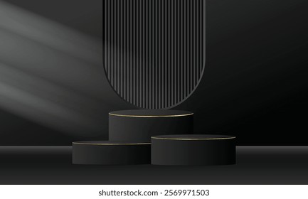 Realistic 3d golden and black empty podium on black background. Elegant stage design for product demonstration and marketing promotion, advertising, banner, poster. Vector illustration.