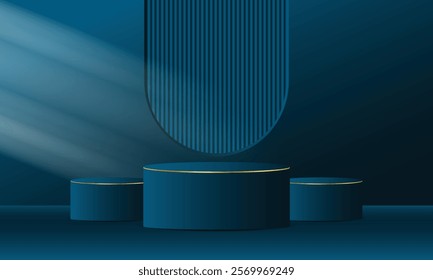 Realistic 3d golden and blue empty podium on blue background. Elegant stage design for product demonstration and marketing promotion, advertising, banner, poster. Vector illustration.