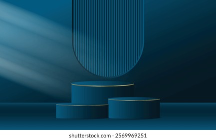 Realistic 3d golden and blue empty podium on blue background. Elegant stage design for product demonstration and marketing promotion, advertising, banner, poster. Vector illustration.