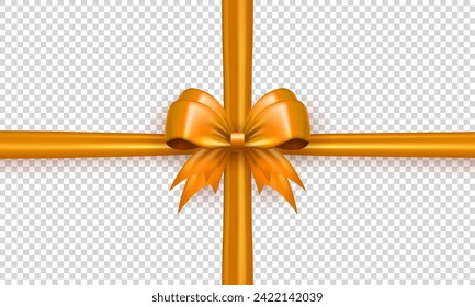 Realistic 3d golden bow with horizontal and vertical silk ribbon isolated on transparent background. Three dimensional yellow satin bow with crossed tape as gift wrapping element or present decoration