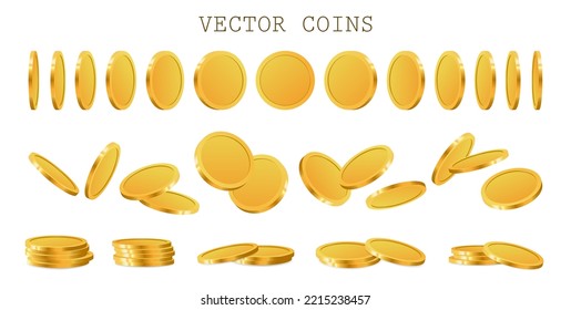 Monedas de oro 3D realistas en diferentes posiciones - perspectiva, isométrica, frontal, rotativa. Dinero dorado. Monedas realistas 3D para animación. Pila, en diferentes ángulos, volando dinero en efectivo. Vector