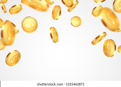 Realistic 3d golden coins explosion. Falling money with dollar sign. White background. Vector illustration.