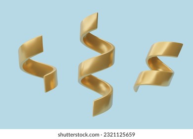 Realistic 3d golden confetti flying curly ribbons three dimensional vector illustration. Gold yellow metal party decoration design elements set on light blue background.