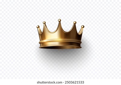 A realistic 3D golden crown with a shiny finish, featuring a royal design with multiple points. The crown is centered on a transparent background, ideal for use in design projects related to royalty, 