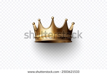 A realistic 3D golden crown with a shiny finish, featuring a royal design with multiple points. The crown is centered on a transparent background, ideal for use in design projects related to royalty, 