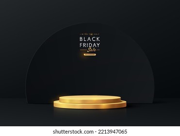 Realistic 3D golden cylinder pedestal podium with semi circle scene luxury background. Black friday sale concept, Vector abstract minimal scene for mockup products stage showcase, Promotion display.