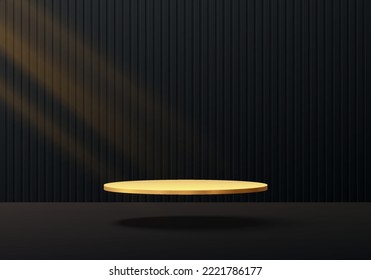 Realistic 3D golden cylinder pedestal podium floating in air with luxury scene background. Black friday sale concept, Vector abstract minimal scene mockup products stage showcase, Promotion display.