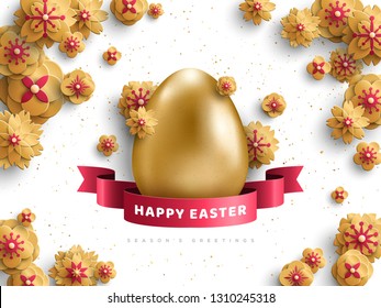 Realistic 3d golden egg with gold flowers and red ribbon on white background. Vector illustration. Happy Easter greeting card
