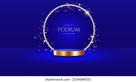 Podio vacío dorado realista 3d sobre fondo azul. Diseño elegante de la etapa para la demostración del producto y la promoción del márketing, publicidad, Anuncio, cartel. Ilustración vectorial.	