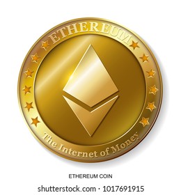 Realistic 3d golden Ethereum coin.
The Internet of Money.
Banking and block chain concept. 
Modern flat style. Vector illustration 
isolated on white background
