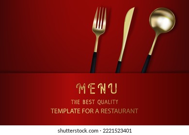 Realistic 3D golden fork, knife and spoon on a red background. Fashionable modern poster for a restaurant. Top view vector illustration.