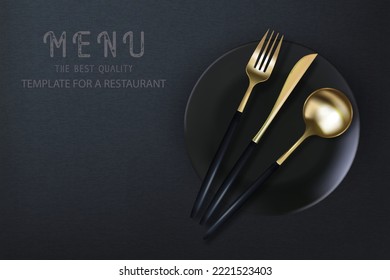 Realistic 3D golden fork, knife and spoon on a black grunge background. Fashionable modern poster for a restaurant. Top view vector illustration.