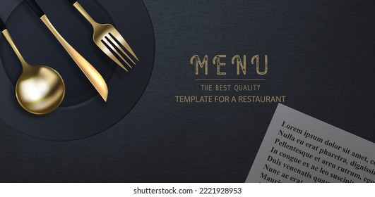 Horquilla de oro 3D realista, cuchillo y cuchara sobre un fondo negro. Afiche moderno de moda para un restaurante. Ilustración vectorial de vista superior.