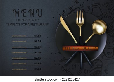 Realistic 3D golden fork and spoon on a black grunge background. Fashionable modern poster for a restaurant. Top view vector illustration.