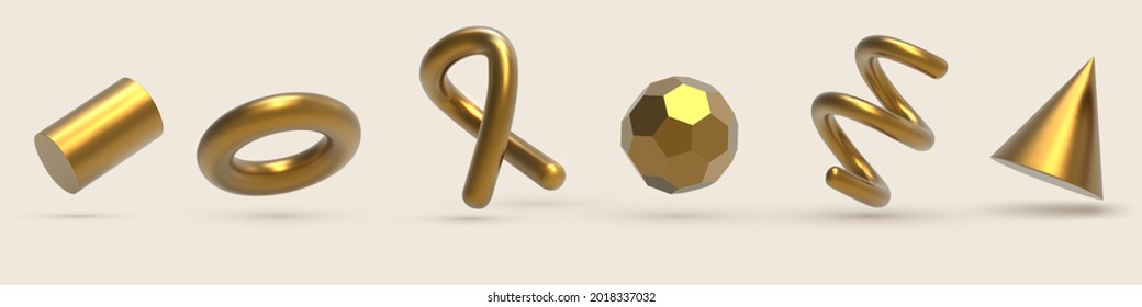 Realistic 3D Golden Geometric Shapes Objects. Realistic geometry elements isolated on white background with metallic color gradient. Modern memphis  set with sparkle 3d metal figures
