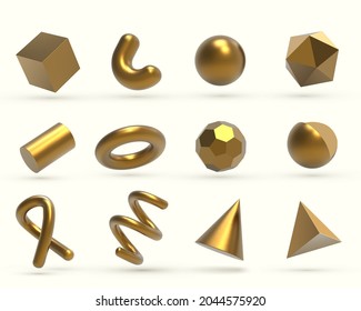 Realistic 3D Golden Geometric Shapes Objects. Realistic Geometry Elements Isolated On White Background With Metallic Color Gradien