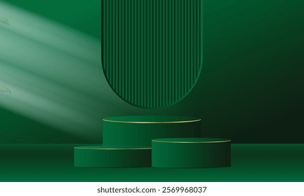 Realistic 3d golden and green empty podium on green background. Elegant stage design for product demonstration and marketing promotion, advertising, banner, poster. Vector illustration.